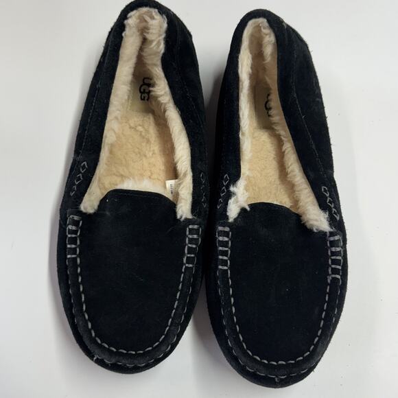 UGG Moccasin Shoes Women Size 12 Black Ansley Suede Slippers Shearling Cozy Warm - Picture 1 of 8